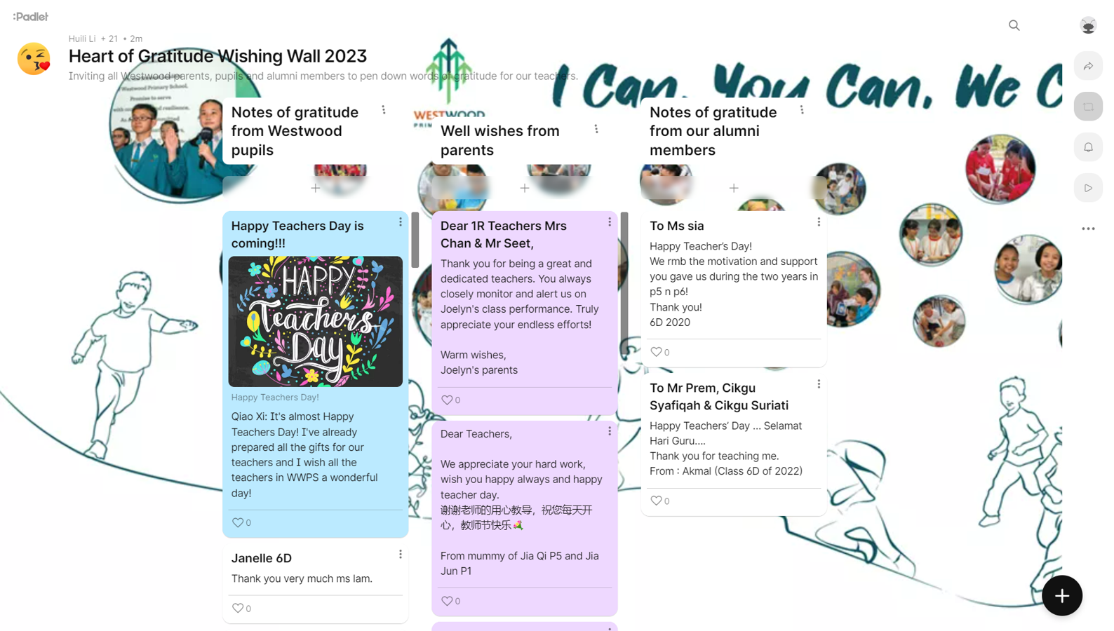 Padlet board titled Heart of Gratitude Wishing Wall 2023 with teacher appreciation notes from pupils and parents.